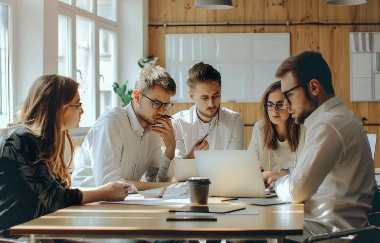 Grupo de personas que elaboran un plan de negocios en una oficina generada por IA