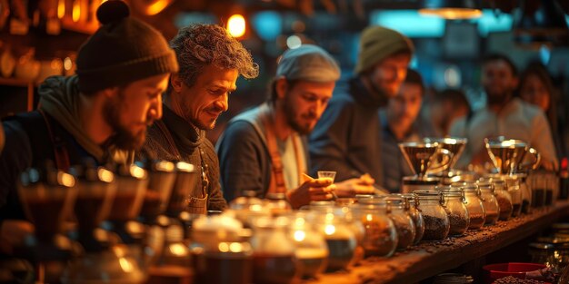 Grupo de personas que se inclinan y talleres de educación para las clases barista de café en la sala de café preparando