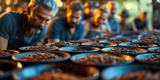 Grupo de personas que se inclinan y talleres de educación para las clases barista de café en la sala de café preparando