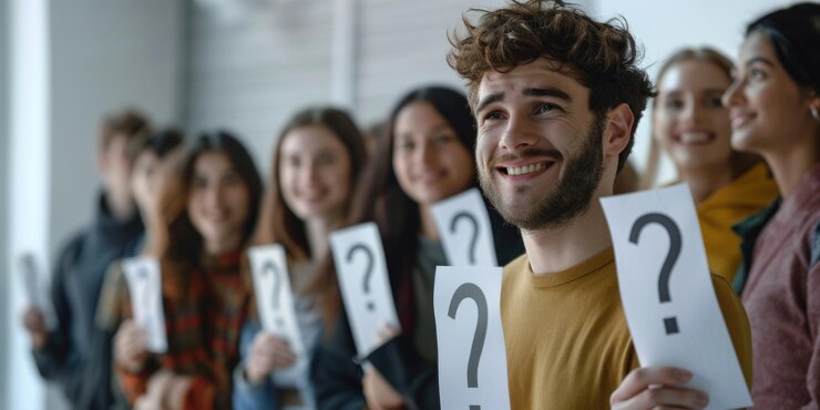 Grupo de personas que muestran señales de consulta ideales para conceptos e ilustraciones de lluvia de ideas