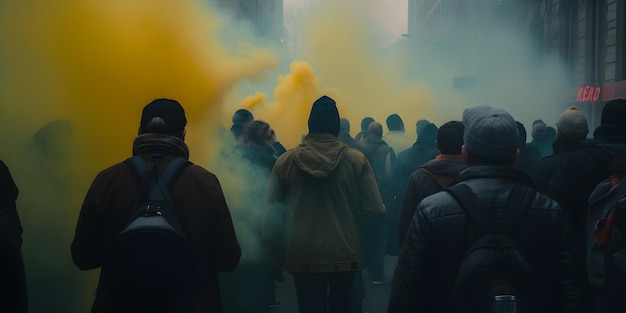 Grupo de personas que protestan y sostienen carteles abstractos que dan consignas en un mitin Grupo de manifestantes que protestan en la ciudad Generative Ai Gas Smoke in the Crowd