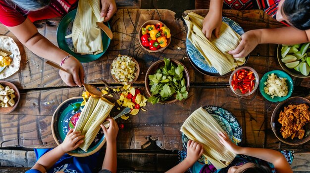 Grupo de personas que tienen brunch juntos en la mesa en el interior de la vista superior