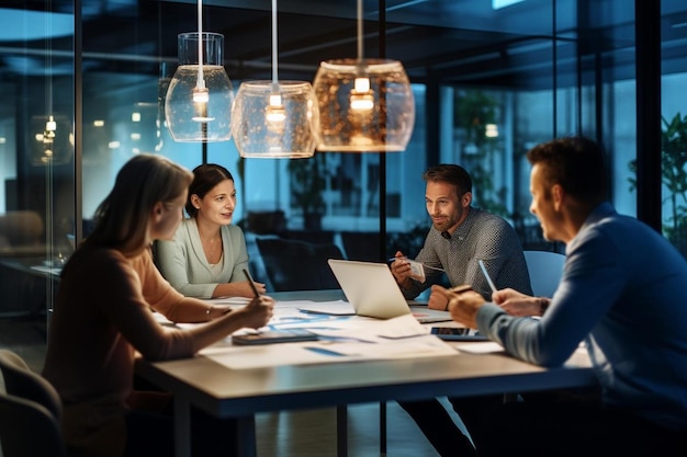 Grupo de personas que trabajan en una reunión de negocios, uno de los cuales está en el otro con una computadora portátil y el otro dice ".