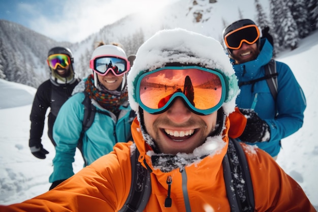 un grupo de personas que usan equipo de esquí toman una selfie juntos