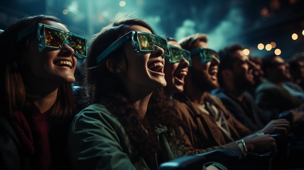 Grupo de personas que usan gafas 3D viendo una película en el cine