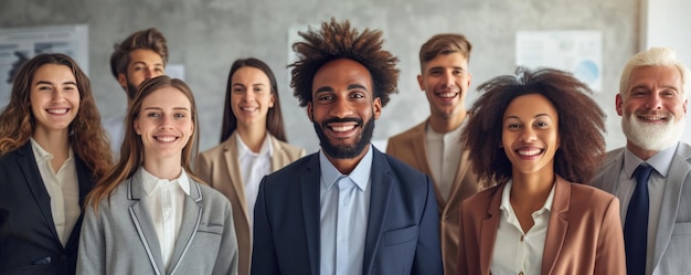 un grupo de personas que visten trajes y sonríen