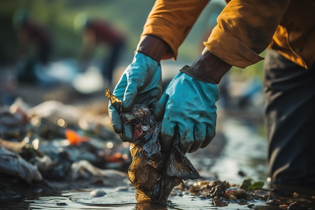 Foto grupo de personas recogiendo basura y limpiando el medio ambiente generativo de ia