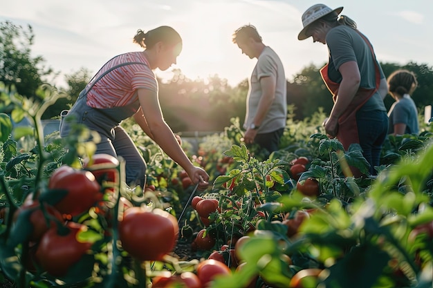 Un grupo de personas recogiendo tomates en un campo