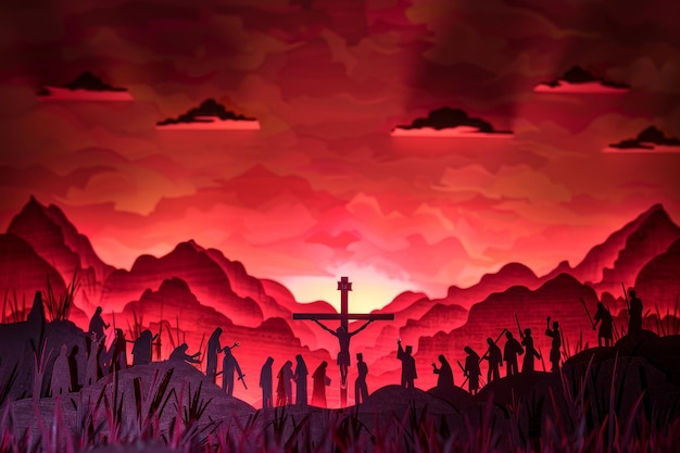 Un grupo de personas se reúnen alrededor de una cruz con una puesta de sol en el fondo
