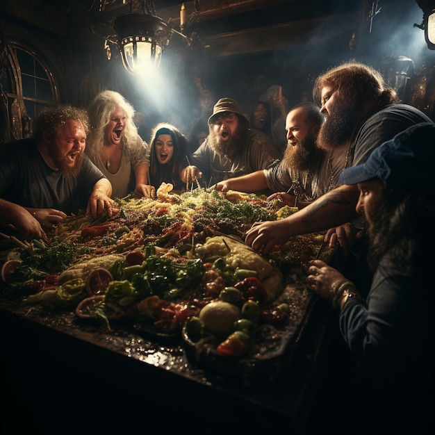 Foto un grupo de personas se reúnen alrededor de una mesa con comida.