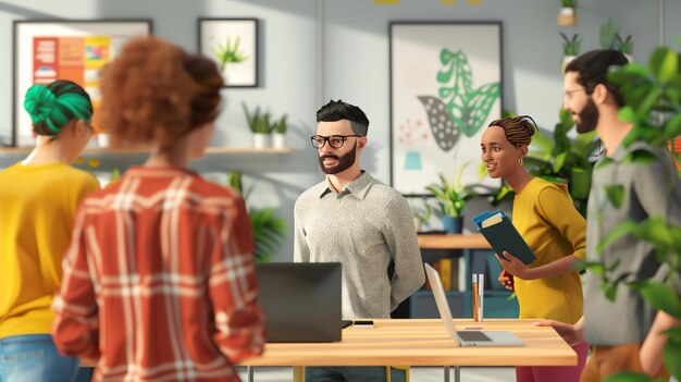 Foto un grupo de personas se reúnen alrededor de una mesa en una oficina están mirando una computadora portátil en la mesa las personas están todas vestidas con ropa casual