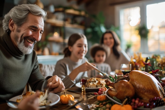 Un grupo de personas reunidas alrededor de una mesa felizmente comiendo una comida y participando en una conversación una familia disfrutando de una cena de Acción de Gracias llena de risas generadas por IA