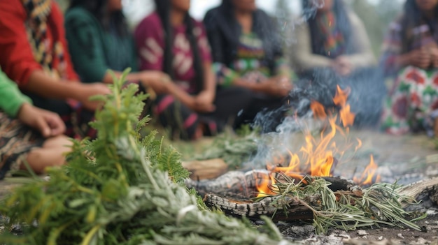 Un grupo de personas reunidas alrededor de un pozo de fuego cantando y realizando rituales tradicionales de curación