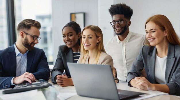 un grupo de personas en una reunión uno de ellos está mirando una computadora portátil