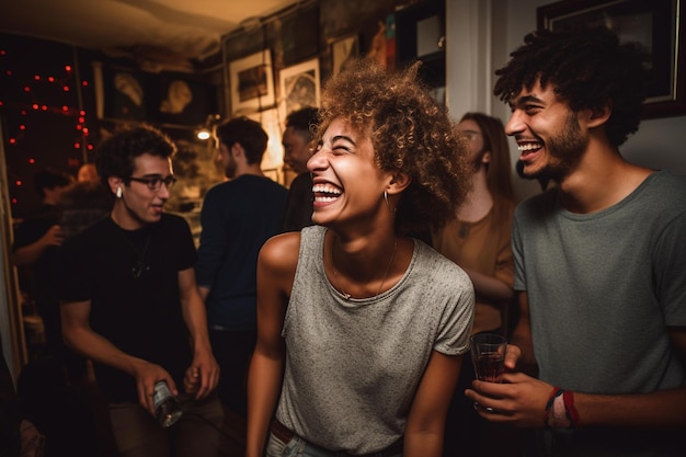 Un grupo de personas ríe y ríe en un bar.