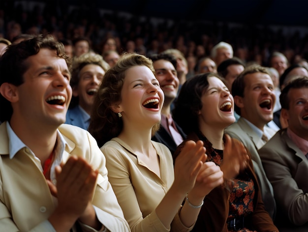 Foto grupo de personas riendo y mirando al escenario