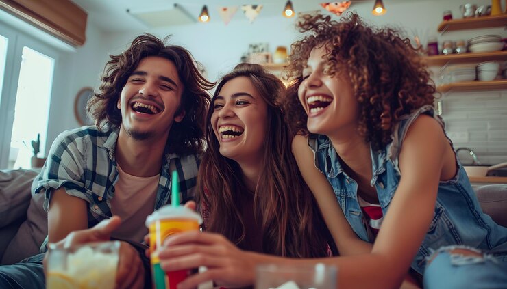 Foto un grupo de personas riendo y riendo en un bar