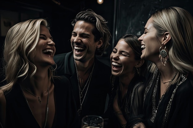 Grupo de personas riéndose en un bar con un vaso de cerveza de fondo