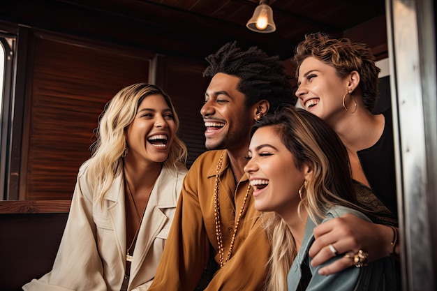 Un grupo de personas riéndose juntas en un bar.