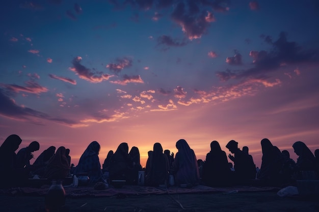 Un grupo de personas rompiendo el ayuno juntos bajo el cielo del crepúsculo