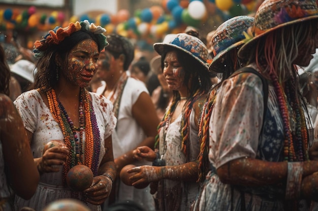 Un grupo de personas en ropa colorida se cubren en la fiesta colombiana