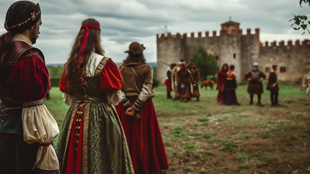 Foto un grupo de personas con ropa medieval están de pie en un campo fuera de un castillo