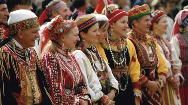 Un grupo de personas en ropa tradicional hacen fila.