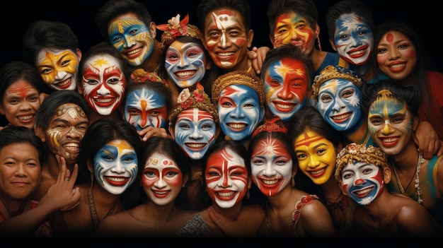 Un grupo de personas con rostros pintados con las palabras " el mundo " en ellos.