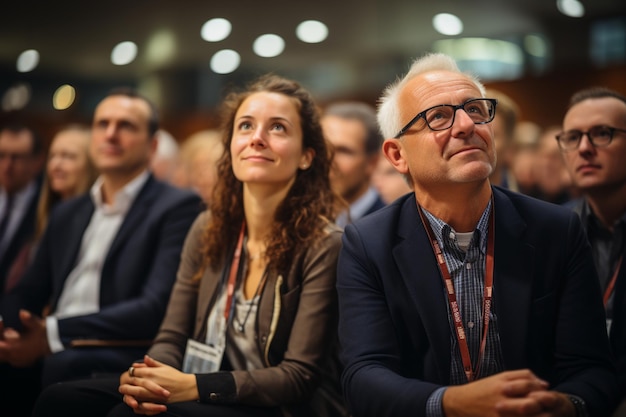 Un grupo de personas en una sala de conferencias, uno de los cuales lleva gafas y el otro tiene un micrófono en el cuello.