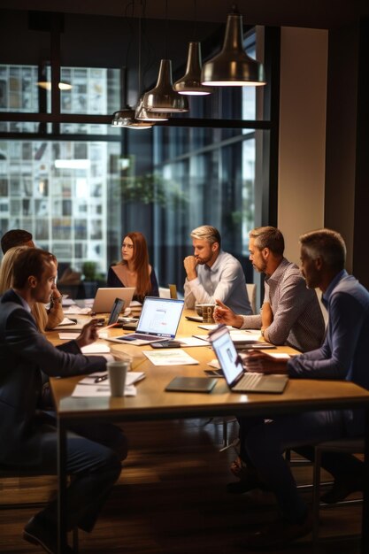 Un grupo de personas en una sala de juntas discutiendo y planificando estrategias comerciales