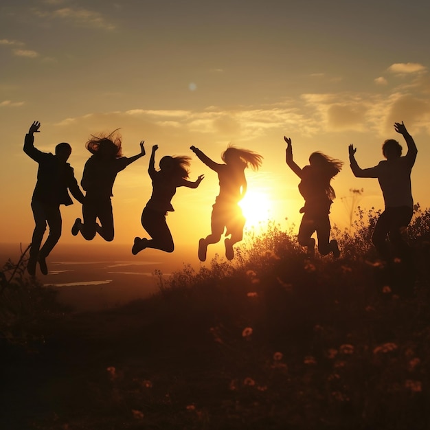 Grupo de personas saltando en la playa al atardecer IA generativa