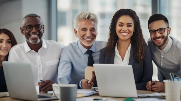 un grupo de personas sentadas alrededor de una computadora portátil y sonriendo