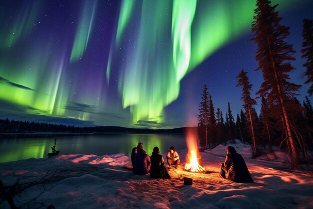 un grupo de personas sentadas alrededor de una fogata con la aurora boreal por encima de ellos.