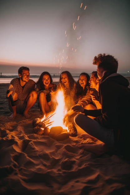 Un grupo de personas sentadas alrededor de una fogata en una playa Imagen generativa de IA