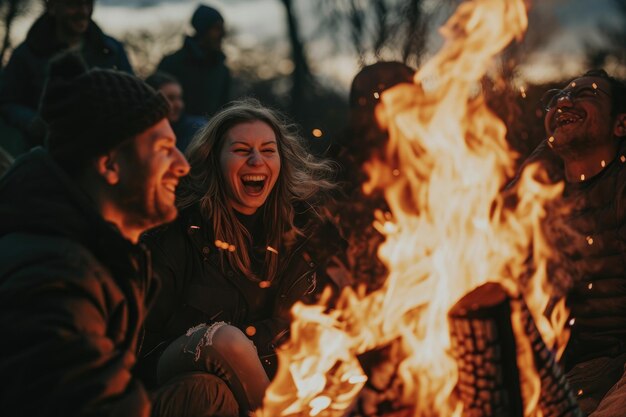 Grupo de personas sentadas alrededor de un fuego Gente riendo y celebrando alrededor de una hoguera Generada por IA