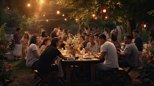 Grupo de personas sentadas alrededor de una mesa bajo un árbol en un parque Ramdan