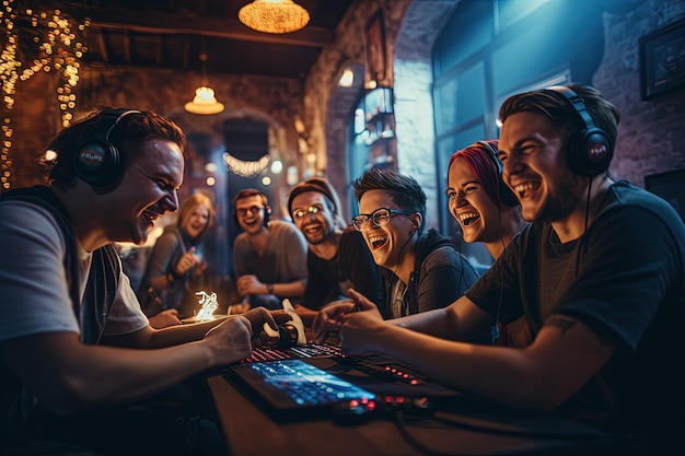 Un grupo de personas sentadas alrededor de una mesa con auriculares