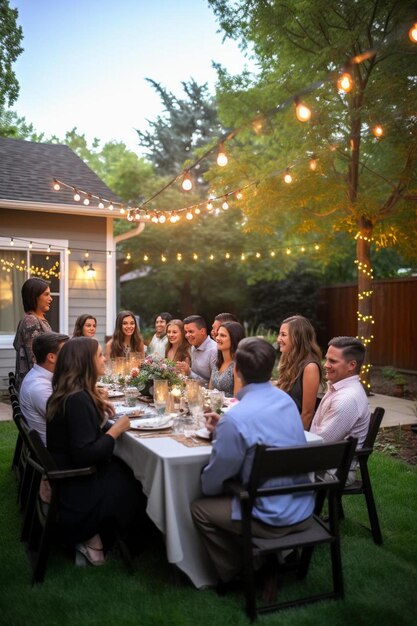 un grupo de personas sentadas alrededor de una mesa de cena