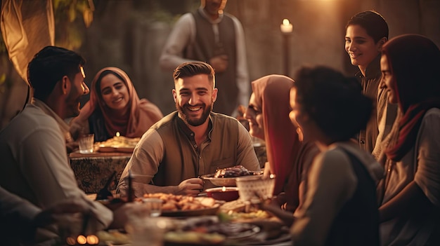 Foto grupo de personas sentadas alrededor de una mesa para comer y conversar eid