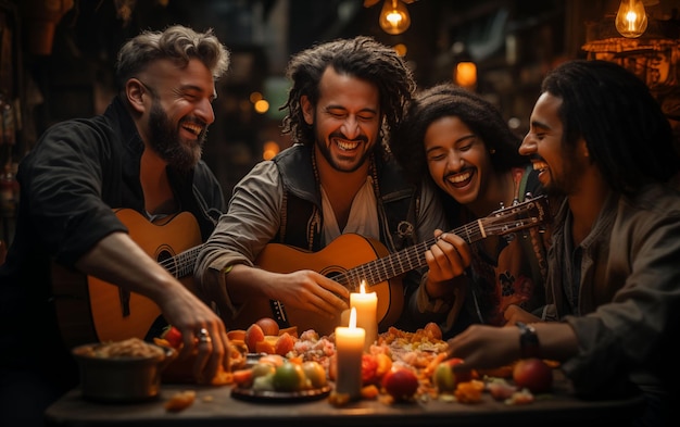 Grupo de personas sentadas alrededor de una mesa con comida IA generativa