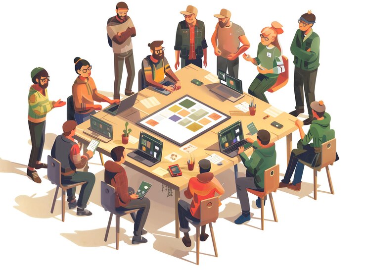 un grupo de personas sentadas alrededor de una mesa con una computadora en ella