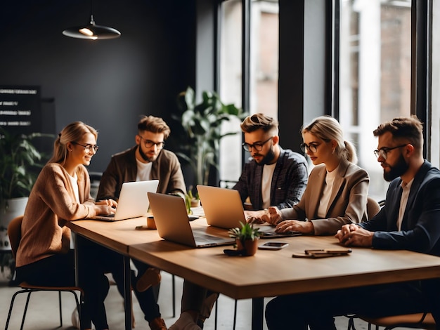 Un grupo de personas sentadas alrededor de una mesa con computadoras portátiles