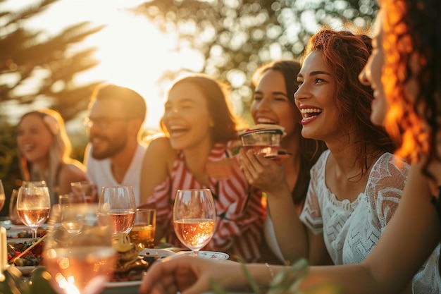 un grupo de personas sentadas alrededor de una mesa con copas de vino