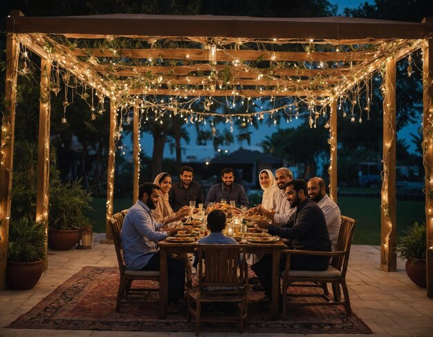 un grupo de personas sentadas alrededor de una mesa con luces a su alrededor