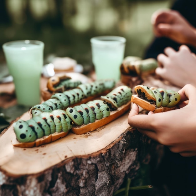 Foto un grupo de personas sentadas alrededor de una mesa de madera y comiendo sándwiches de oruga imagen generativa de ia