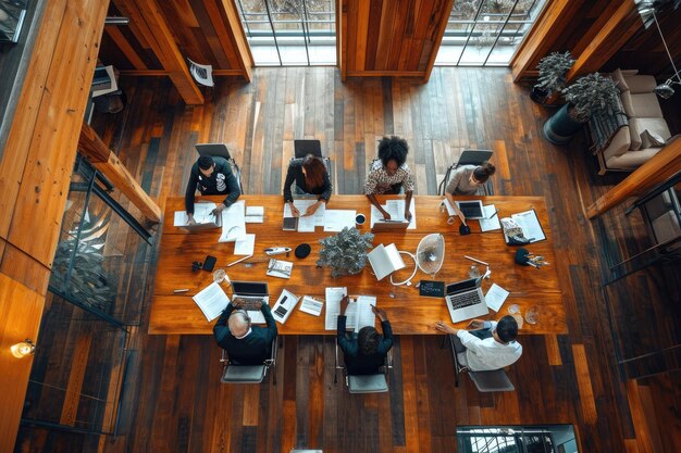 Foto un grupo de personas sentadas alrededor de una mesa de madera tomada amplia de una sesión de lluvia de ideas de un equipo de negocios en progreso generada por ia