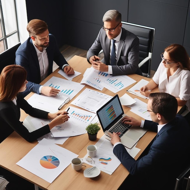 un grupo de personas sentadas alrededor de una mesa con papeles y gráficos en ellos