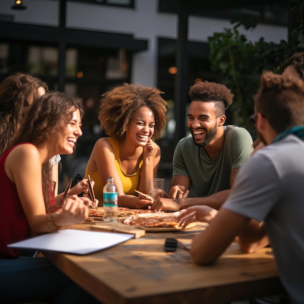 un grupo de personas sentadas alrededor de una mesa con pizza y una botella de agua