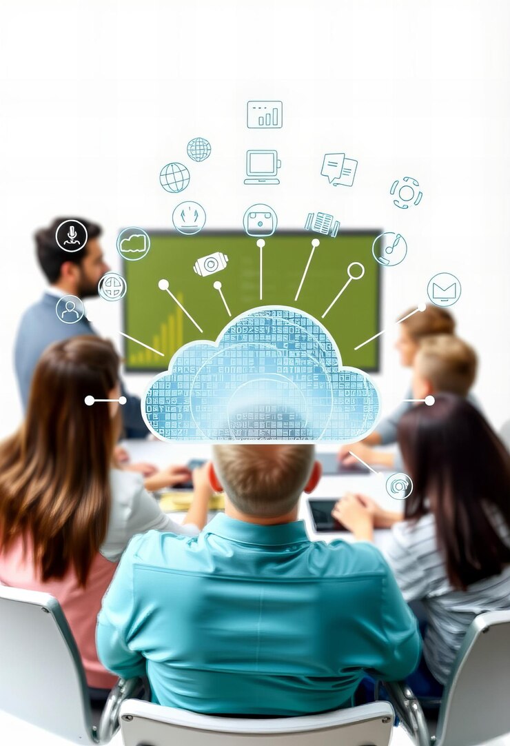 Foto un grupo de personas sentadas alrededor de una pantalla de computadora con la palabra nube en ella