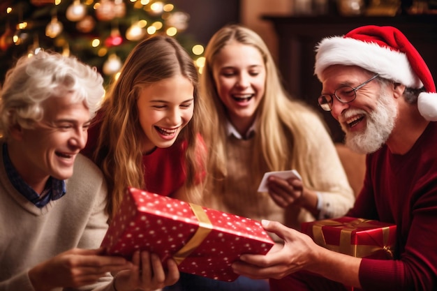 Un grupo de personas sentadas alrededor de un regalo de Navidad.